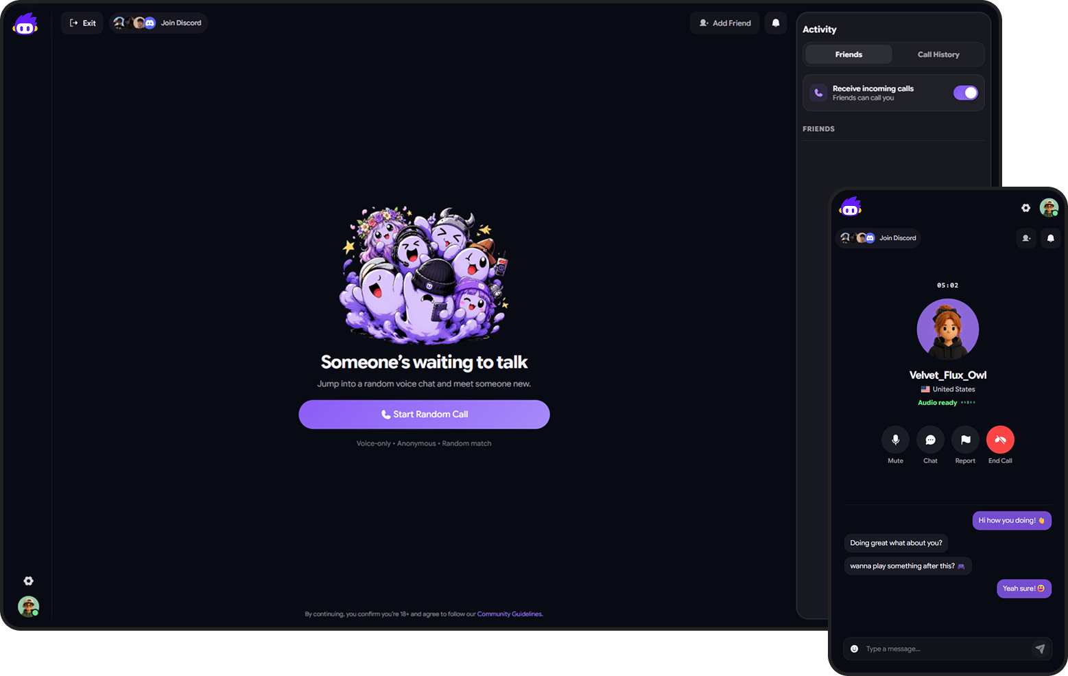 Callio desktop and mobile voice chat interface